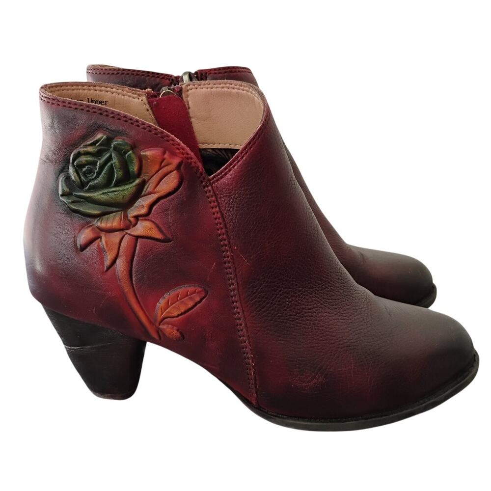 L'Artiste Spring Step Eyecatching Dark Cherry Floral Heeled Ankle Boots 38 7.5-8